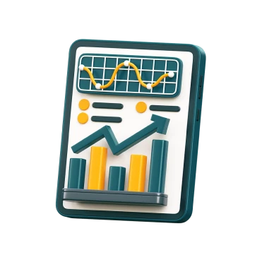 3D illustration of a data report featuring a line graph with a yellow line, bar graph in teal and orange, and various data indicators.